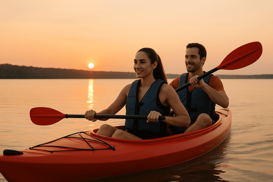 People kayaking on a lake at sunset